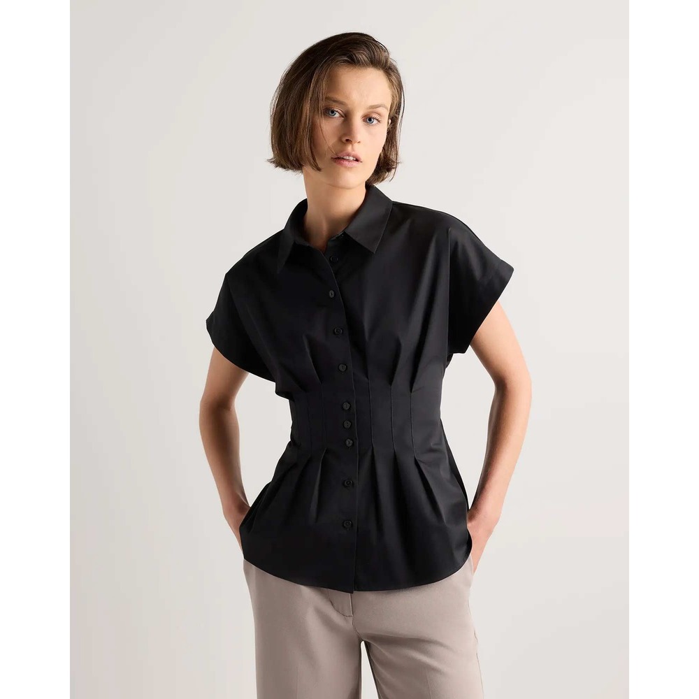 Quince Stretch Twill Pleated Short Sleeve Shirt Black Cinched Waist Blouse